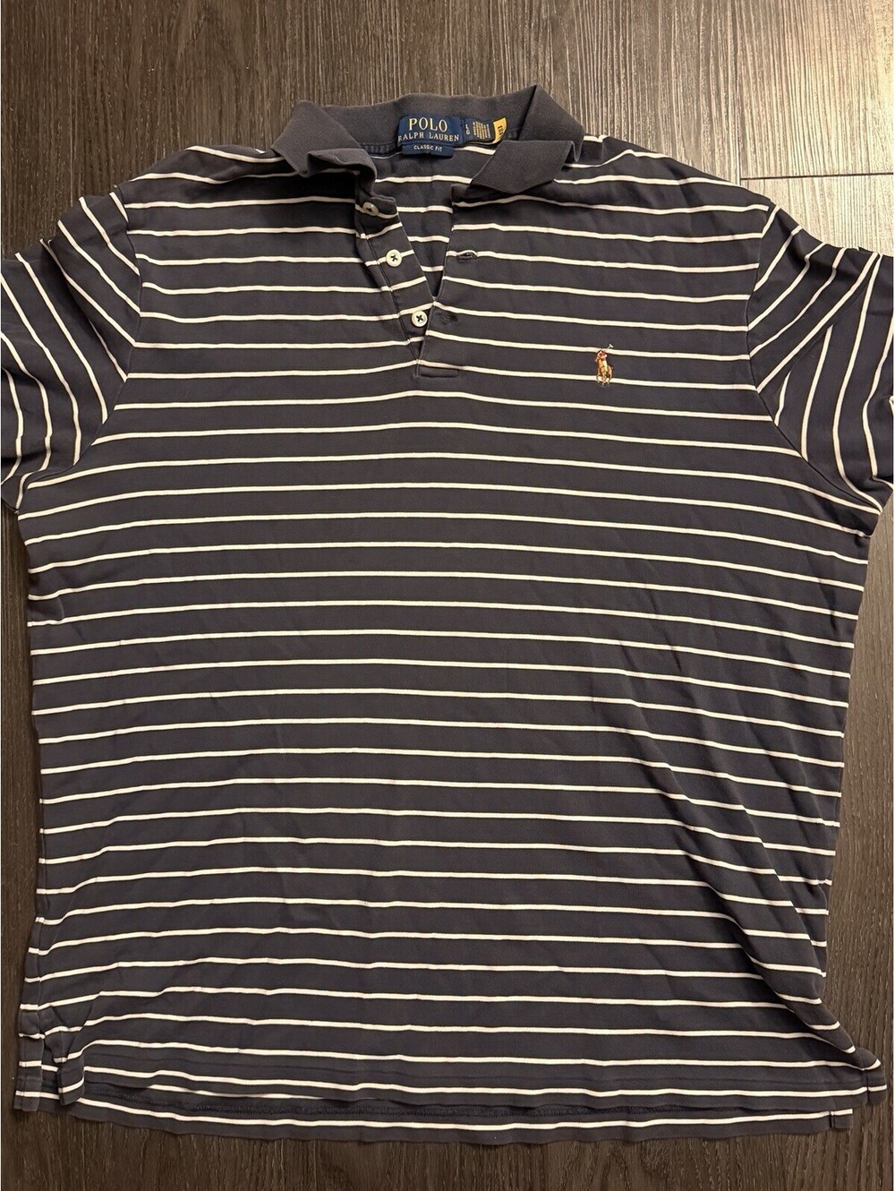 Polo Ralph Lauren Classic Fit Navy Blue White Striped Polo Shirt Large